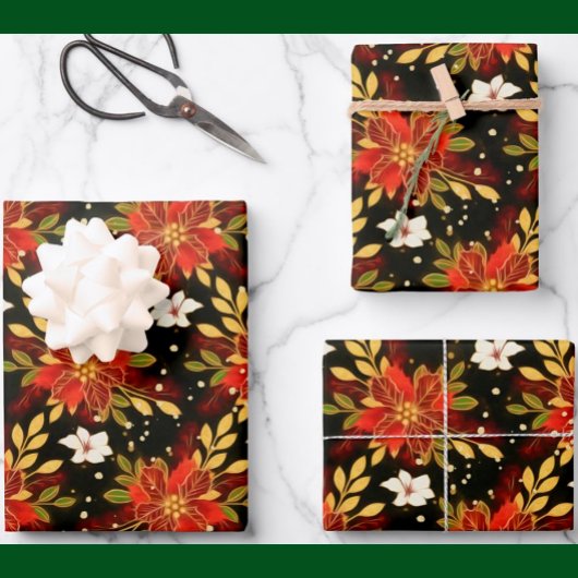 Kerstgeest Floral Red Green Gold Inpakpapier Vel