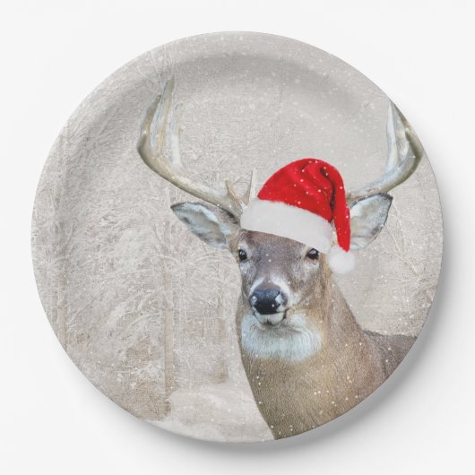 Kerstgeld Deer met Santa Hat Papieren Bordje (Voorkant)
