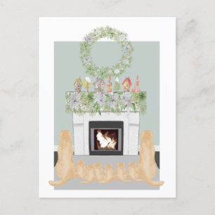 kerstgele labrador Dog Pups Fireplace Scene Feestdagenkaart