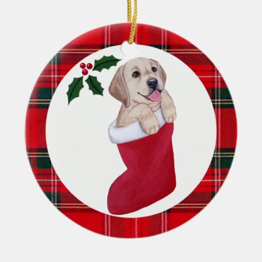 kerstgele labrador puppy Tartan Keramisch Ornament (Voorkant)