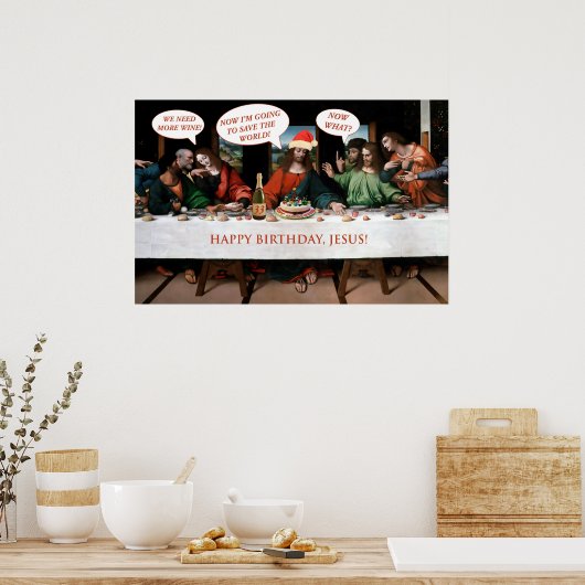 Kerstgelukkige verjaardag Jezus Comics Style Funny Poster (Keuken)