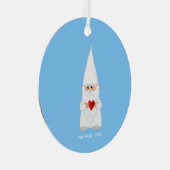 Kerstgenoom houdt een hart op licht blauw metalen ornament (Voorkant Rechts)