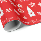 Kerstgenoom, sneeuwvlokken en baren op rood cadeaupapier (Rol Hoek)