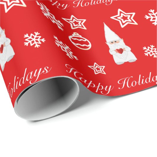 Kerstgenoom, sneeuwvlokken en baren op rood cadeaupapier (Rol Hoek)