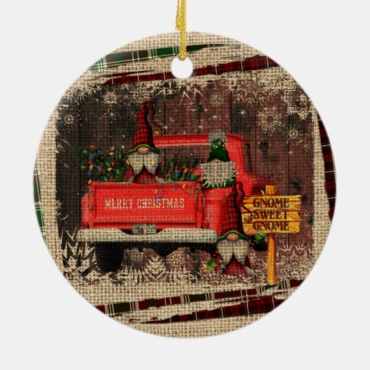 Kerstgenoom Sweet Gnome Red Truck Pset Rustin Keramisch Ornament (Achterkant)