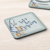 Kerstgenote op blauw Stripes Holiday Plastic Bier Onderzetter (Linkerzijde)