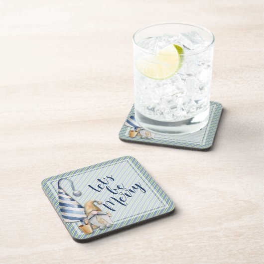 Kerstgenote op blauw Stripes Holiday Plastic Bier Onderzetter (Rechterzijde)