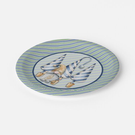 Kerstgenote op Blauwe Stripes Holiday Party Papieren Bordje (Gekanteld)