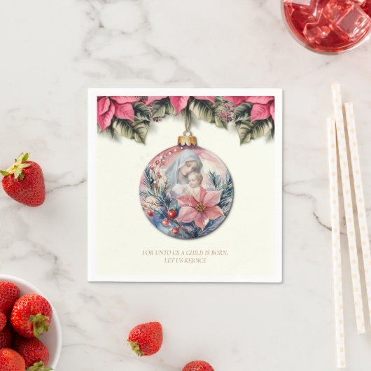 Kerstgeschrift Poinsettias Maria en Jezus Servet (Insitu)