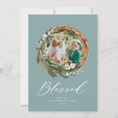 kerstgezegend botanisch stoffig blauw 1 foto feestdagenkaart (Voorkant)