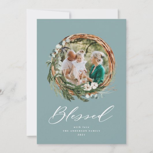 kerstgezegend botanisch stoffig blauw 1 foto feestdagenkaart (Voorkant)