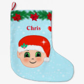 Kerstgezicht, hart, poinsettieten en pijnbomen grote kerstsok (Voorkant)