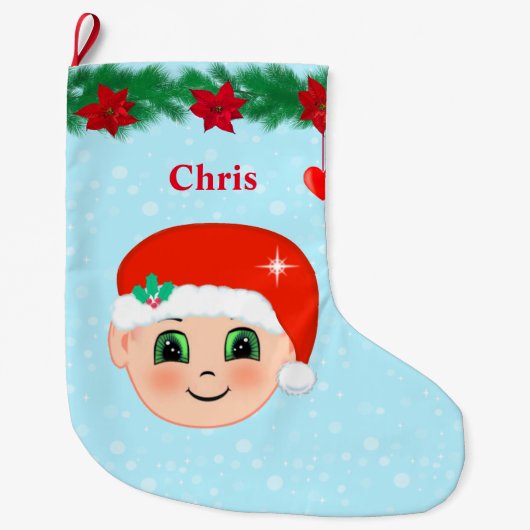 Kerstgezicht, hart, poinsettieten en pijnbomen grote kerstsok (Voorkant)