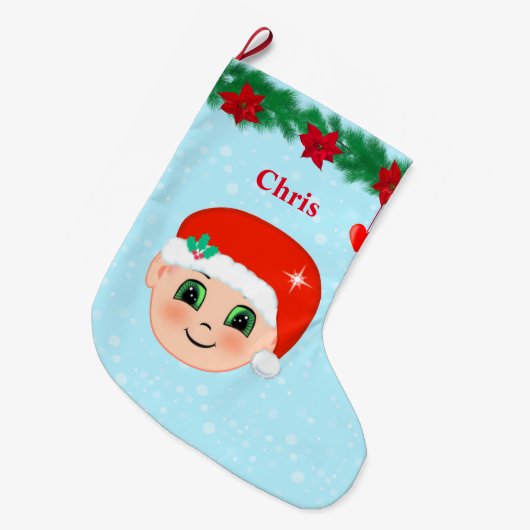 Kerstgezicht, hart, poinsettieten en pijnbomen grote kerstsok (Voorkant (Hangend))