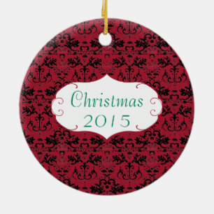 Kerstgezin Foto Rode Kroonluchter #2 Damask Keramisch Ornament