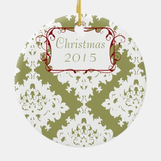 Kerstgezin Foto Sage Green Damask Keramisch Ornament (Achterkant)