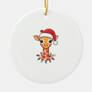 Kerstgiraf Santa-hoed en kleurrijke lichten Keramisch Ornament