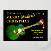 Kerstgitaar Dragen van een Santa Hat Gold Folie Feestdagenkaart (Voorkant)