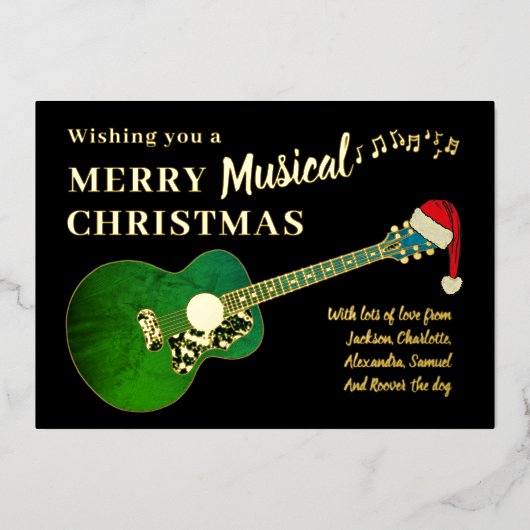 Kerstgitaar Dragen van een Santa Hat Gold Folie Feestdagenkaart (Voorkant)