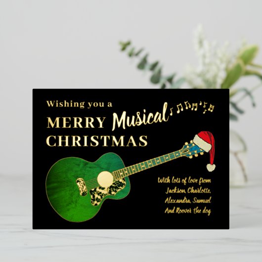 Kerstgitaar Dragen van een Santa Hat Gold Folie Feestdagenkaart (Staand Voorkant)