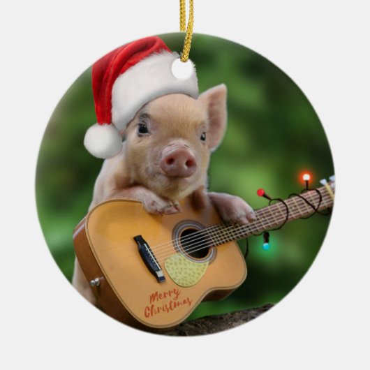 kerstgitaarvarken keramisch ornament (Voorkant)