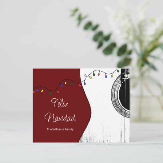 Kerstgitar Feliz Navidad Festive Red Feestdagenkaart (Staand voorkant)