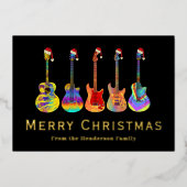 Kerstgitaren Dragen Santa hoeden Zwart Goud Folie Feestdagenkaart (Voorkant)