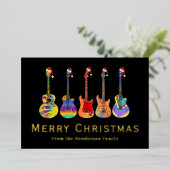 Kerstgitaren Dragen Santa hoeden Zwart Goud Folie Feestdagenkaart (Staand Voorkant)