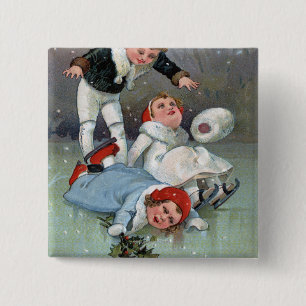 KerstgladnessIce Skating Kinder Collapse Vierkante Button 5,1 Cm