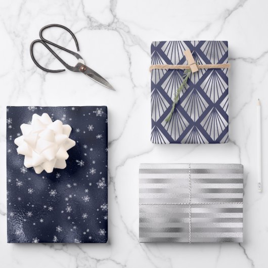 Kerstglam Snowflake Pattern Blue Silver Inpakpapier Vel (Voorkant)