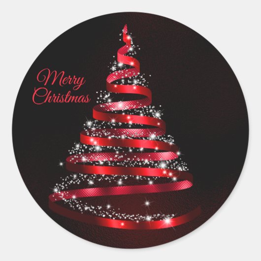 Kerstglanzende rode lintboom Sparkle Black Ronde Sticker (Voorkant)