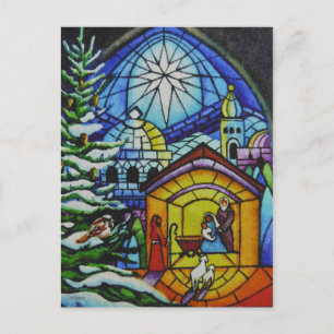 kerstGlas in lood Waterverf Briefkaart