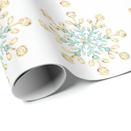 Kerstglas Sneeuwvlokken Goud Turquoise Inpakpapier (Rol Hoek)