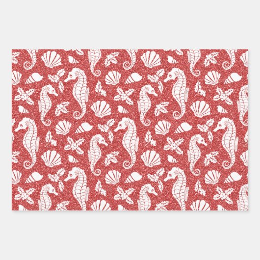 Kerstglitter Coastal Seahorse Pattern Red Inpakpapier Vel (Voorkant 3)