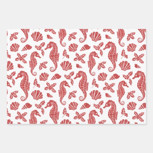 Kerstglitter Coastal Seahorse Pattern Red Inpakpapier Vel (Voorkant 2)