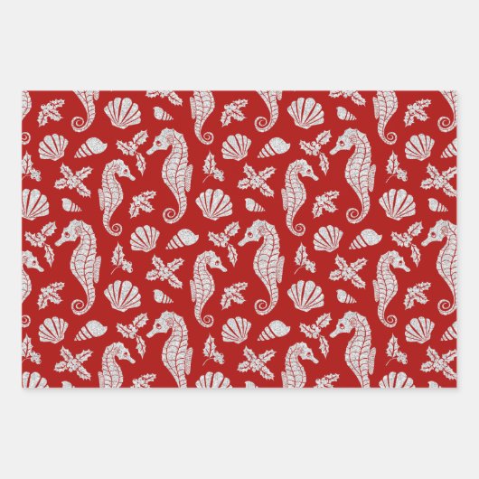 Kerstglitter Coastal Seahorse Pattern Red Inpakpapier Vel (Voorkant)