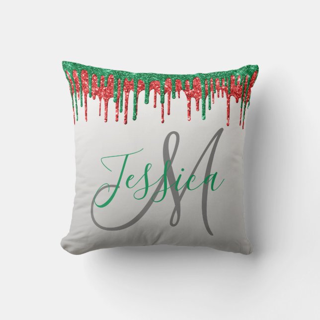 Kerstglitter Driving Monogram rood en groen Kussen (Voorkant)