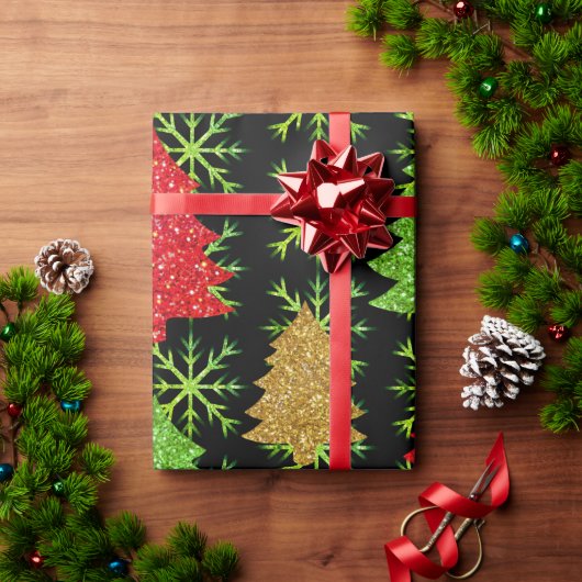 kerstglitterbomen en gouden sneeuwvlokken cadeaupapier (Feestdagen Geschenken)