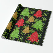 kerstglitterbomen en gouden sneeuwvlokken cadeaupapier (Uitgerold)