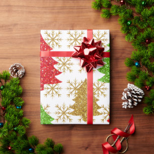 kerstglitterbomen en gouden sneeuwvlokken cadeaupapier