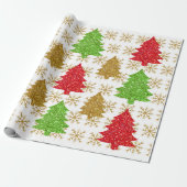 kerstglitterbomen en gouden sneeuwvlokken cadeaupapier (Uitgerold)