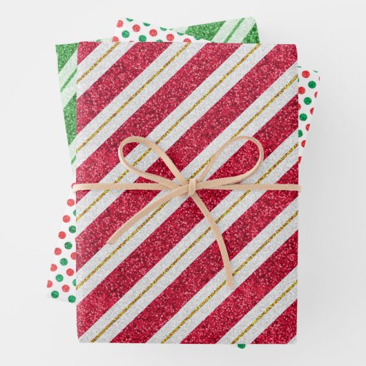 kerstglitterstrips en pooldots set van 3 inpakpapier vel (In situ)