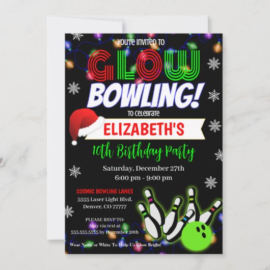Kerstgloed Bowling Party uitnodiging (Voorkant)
