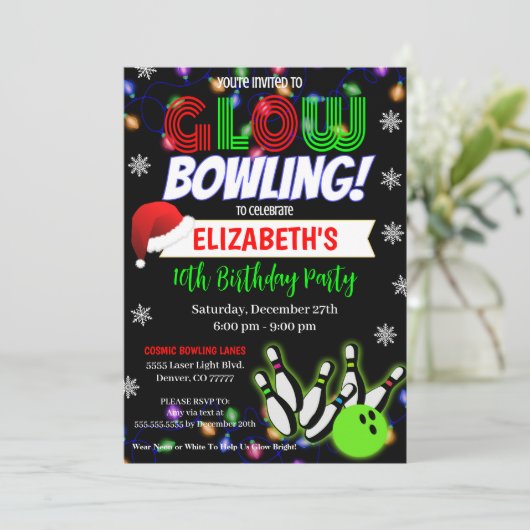 Kerstgloed Bowling Party uitnodiging (Staand voorkant)