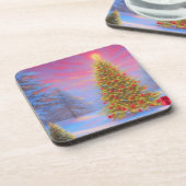 kerstglorie versierde kerstboom in natuur bier onderzetter (Linkerzijde)