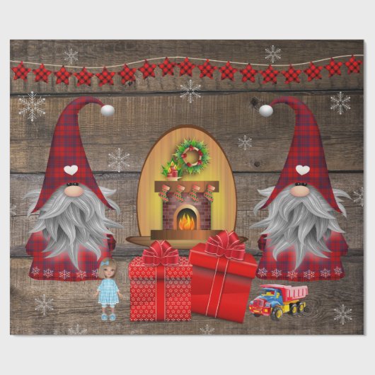 kerstgnomen Cadeaus Rustic Wood Cadeaupapier (Vlak)