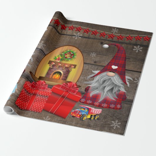 kerstgnomen Cadeaus Rustic Wood Wrapping Pap Cadeaupapier (Uitgerold)