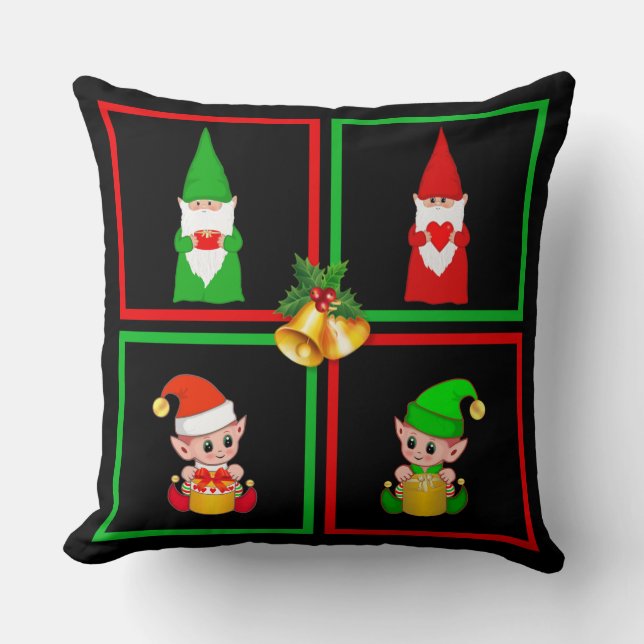 Kerstgnomen & elfen op zwart, groen & rood kussen (Voorkant)