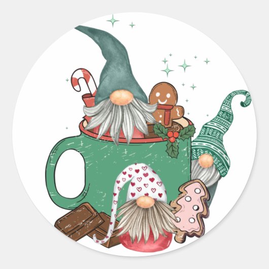 Kerstgnomen en cacao ronde sticker (Voorkant)