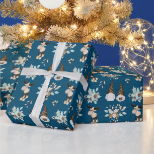 kerstgnomen en ganzen op blauw cadeaupapier